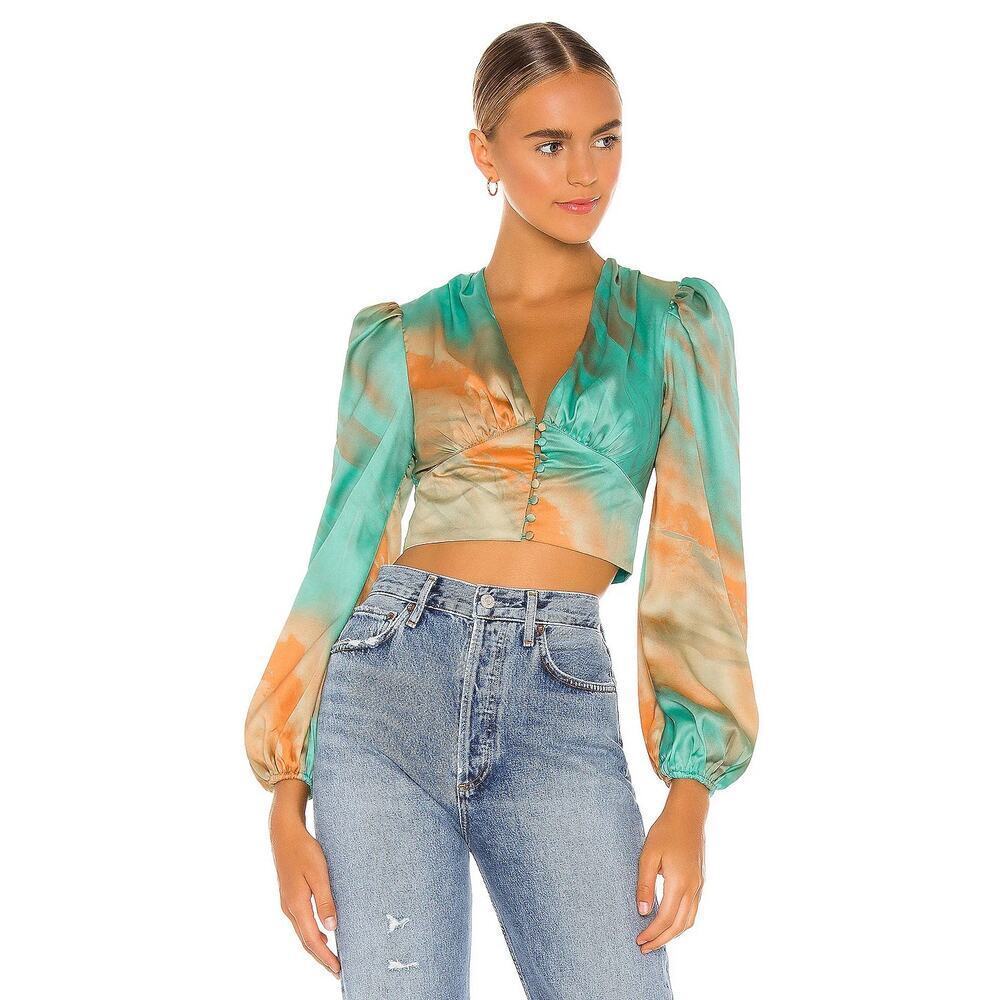 Revolve Superdown Eleen Blouson Top in Teal Multi Cropped Small